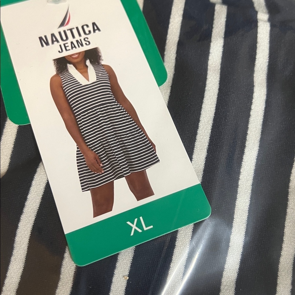 NWT Nautica Jeans Women's Tiered Dress summer fall spring navy white strip - Picture 8 of 9